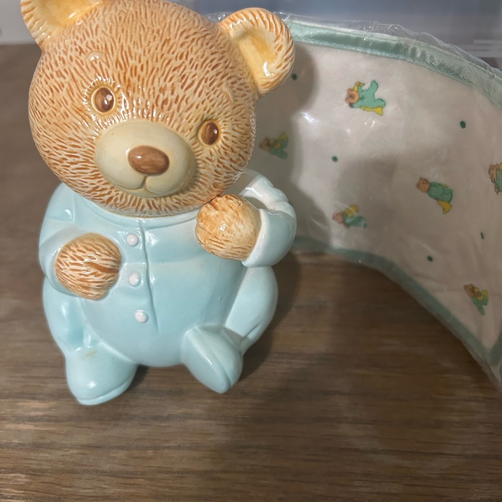 Vtg Ceramic Teddy Bear Bank with Mint Green Pajamas and Baby Blanket (Avon)